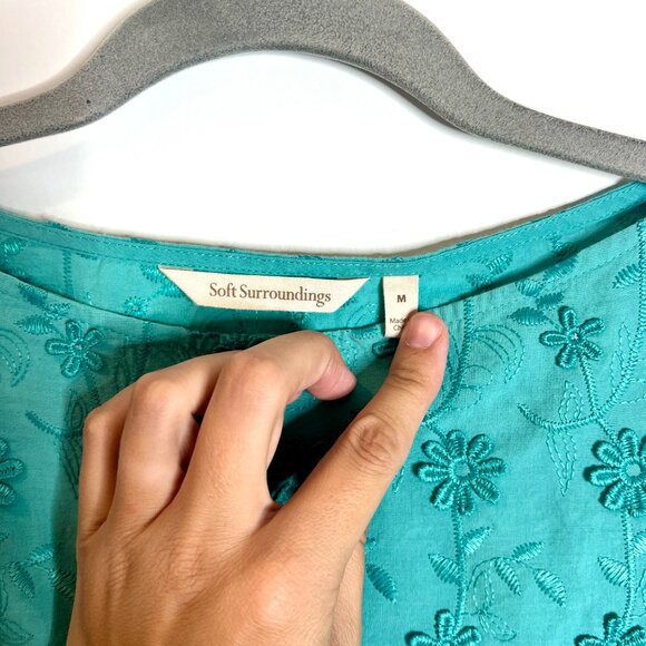 Soft Surroundings Teal Rosalie Floral Embroidered Applique Blouse Size Medium - Picture 3 of 6